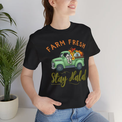 Farm Fresh Stay Halal Graphic Tee T-Shirt - Soft Cozy Cute Pumpkin Truck Graphic Unisex Tee
