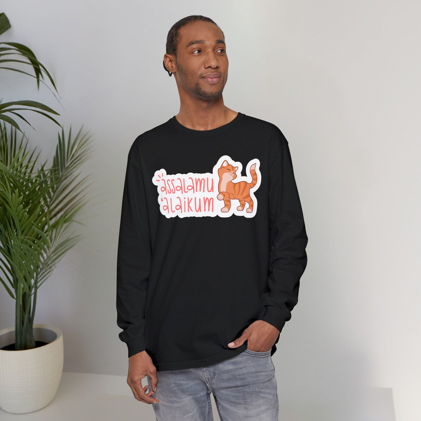 Assalamualaikum Typographic Long Sleeve Tee T-Shirt - Cute Cat Smug Graphic Cozy Soft Cotton Unisex Long Sleeve Tee
