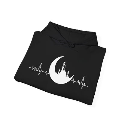 Moonlit Heartbeat Crescent Mosque Graphic Hoodie - Cozy Soft Cotton Graphic Unisex Hoodie