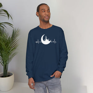 Moonlit Heartbeat Crescent Mosque Graphic Long Sleeve Tee T-Shirt - Cozy Soft Cotton Graphic Unisex Long Sleeve Tee
