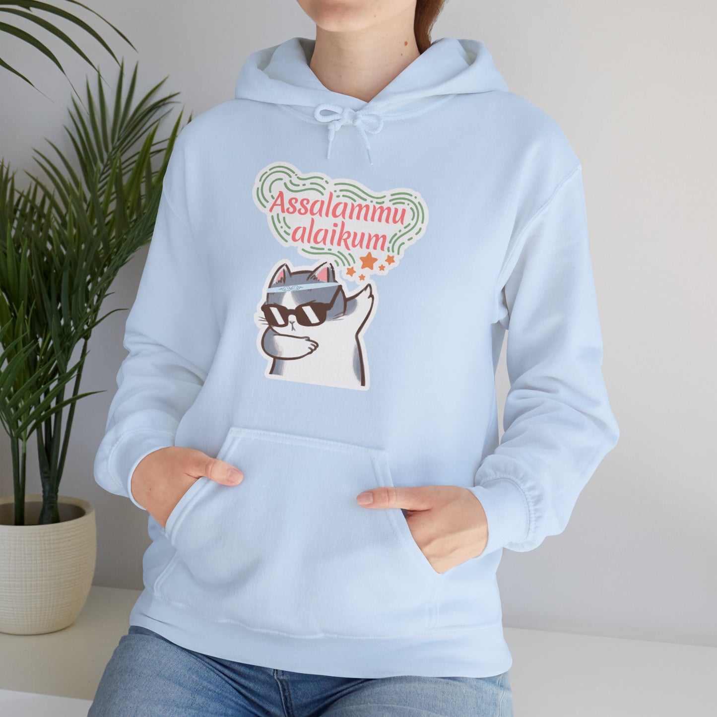 Assalamualaikum Typographic Hoodie - Cat Sunglasses Graphic Cozy Soft Cotton Unisex Hoodie