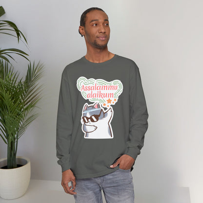 Assalamualaikum Typographic Long Sleeve Tee T-Shirt - Cat Sunglasses Graphic Cozy Soft Cotton Unisex Long Sleeve Tee
