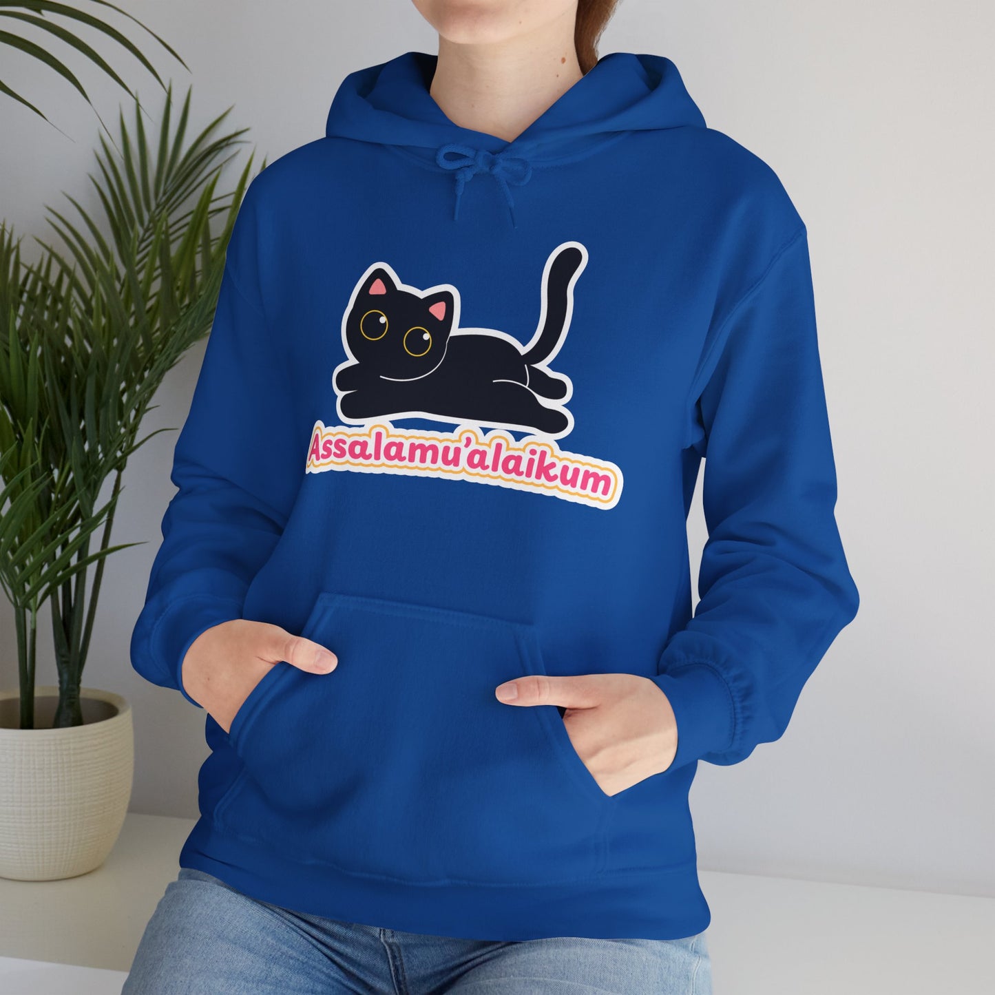Assalamualaikum Typographic Hoodie - Cute Black Cat Graphic Cozy Soft Cotton Unisex Hoodie