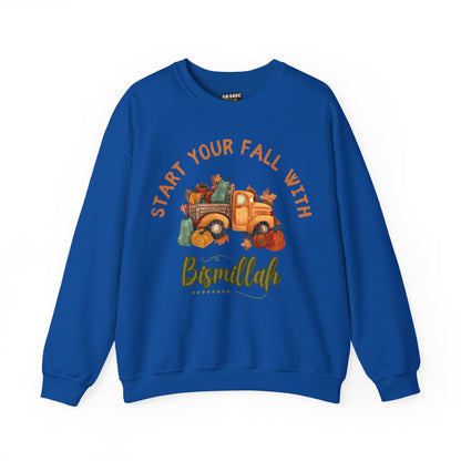 Start Your Fall with Bismillah Graphic Sweatshirt - Cozy Autumn Cute Truck Pumpkin Graphic Unisex Sweatshirt