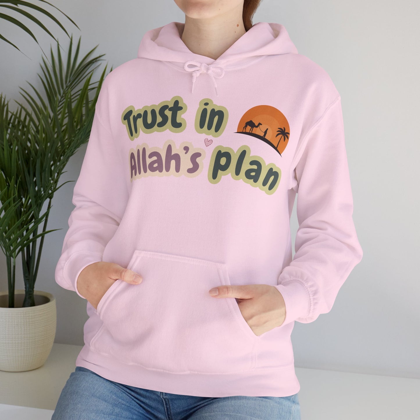 Trust in Allah's Plan Typographic Hoodie - Camel Travel in Desert Cozy Soft Cotton Unisex Hoodie