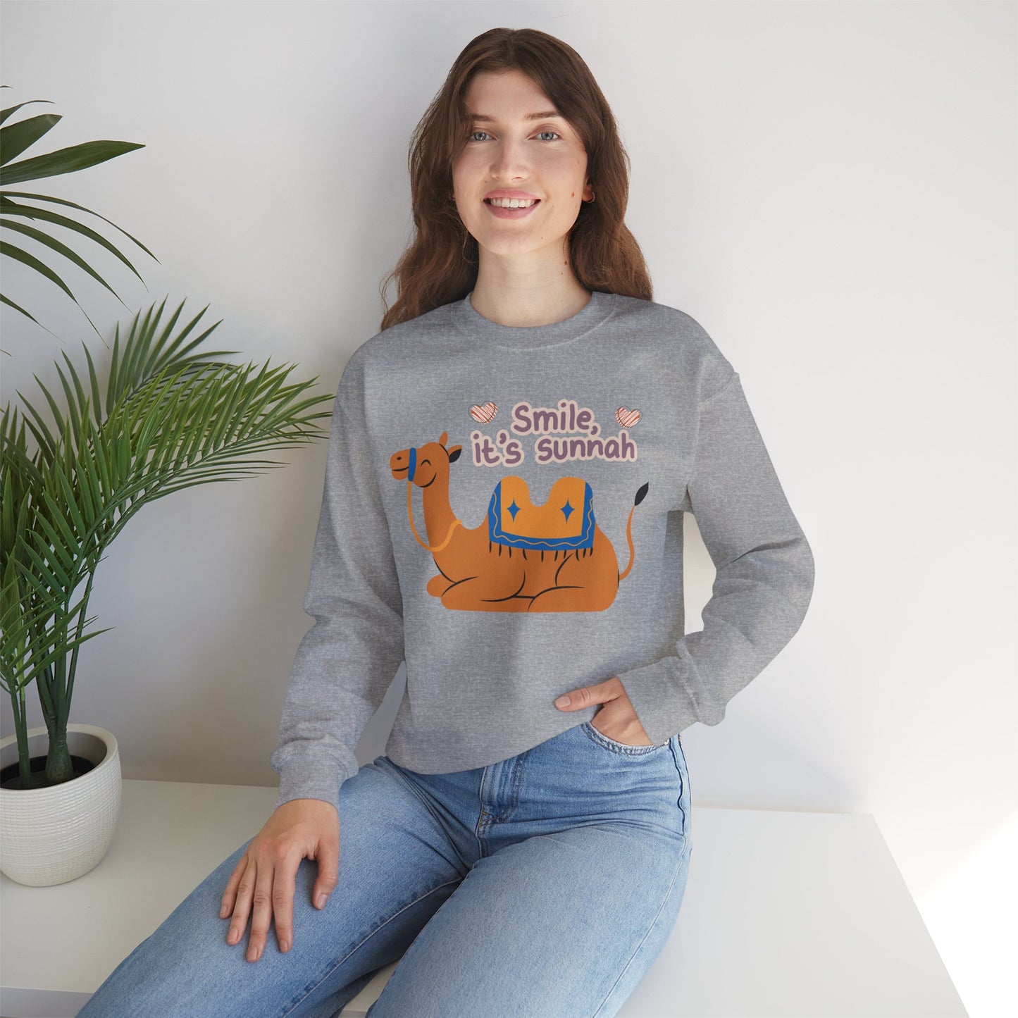 Smile Its Sunnah Typographic Sweatshirt - Cute Camel Smiling Cozy Soft Cotton Unisex Sweatshirt