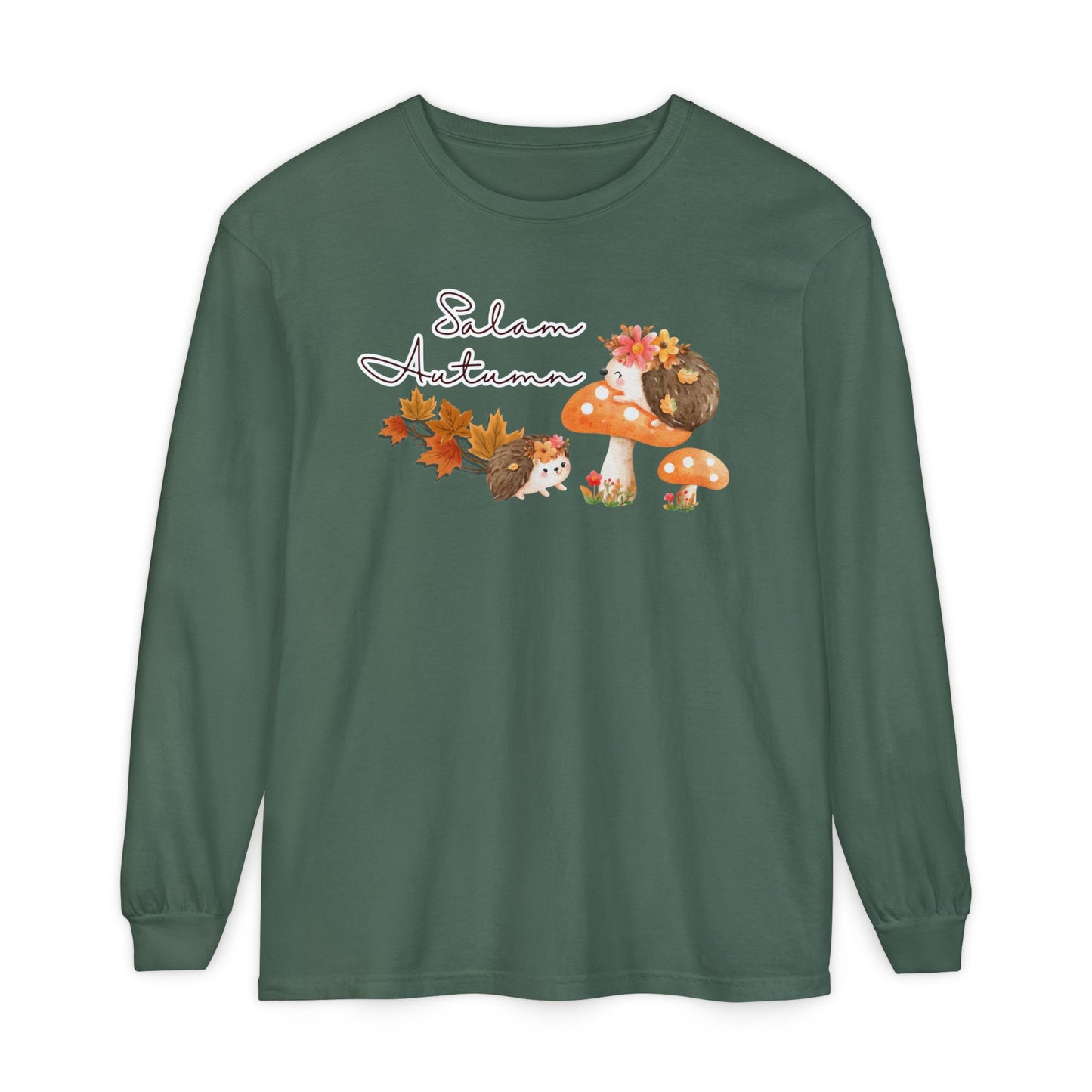 Salam Autumn Cute Hedgehog Mushroom Graphic Long-Sleeve Tee T-Shirt - Cozy Autumn Cute Hedgehog Mushroom Graphic Unisex Long-Sleeve Tee