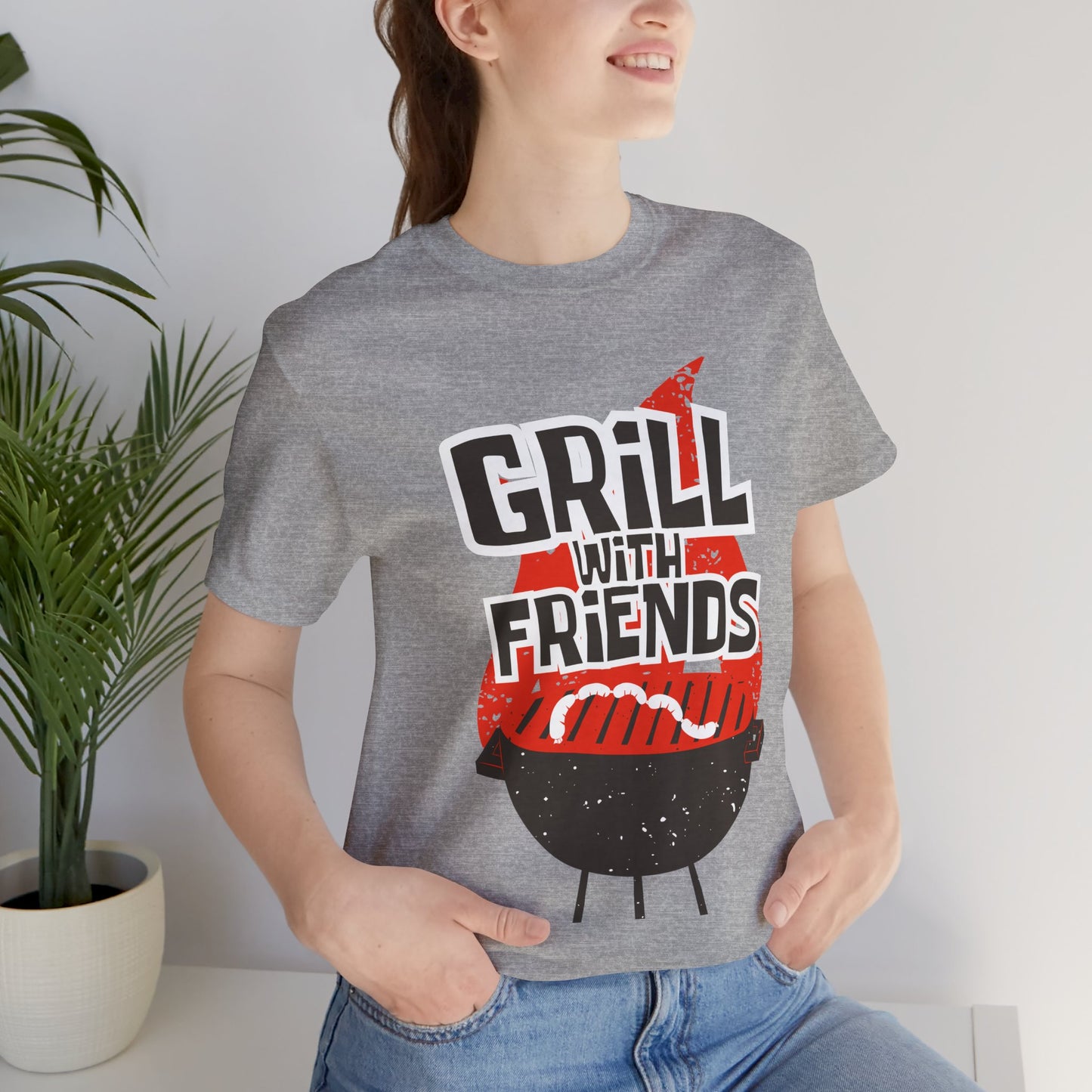 Grill with Friends Typographic Tee T-Shirt - Cozy Soft Cotton Unisex Sausage Graphic Tee T-Shirt