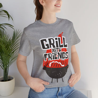 Grill with Friends Typographic Tee T-Shirt - Cozy Soft Cotton Unisex Sausage Graphic Tee T-Shirt