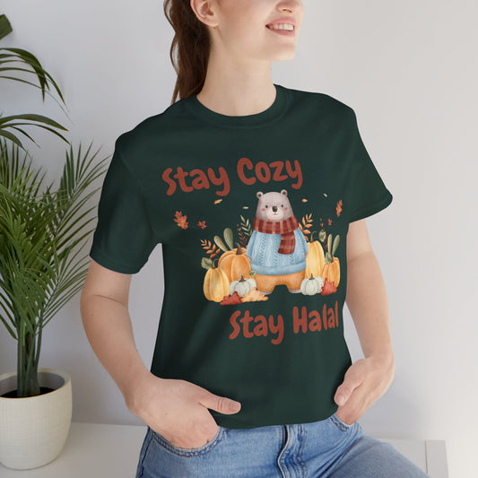Stay Cozy Stay Halal Graphic Tee T-Shirt - Soft Cozy Cute Bear Pumpkin Graphic Unisex Tee