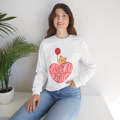Assalamualaikum Typographic Sweatshirt - Cute Cat Heart Balloon Graphic Cozy Soft Cotton Unisex Sweatshirt
