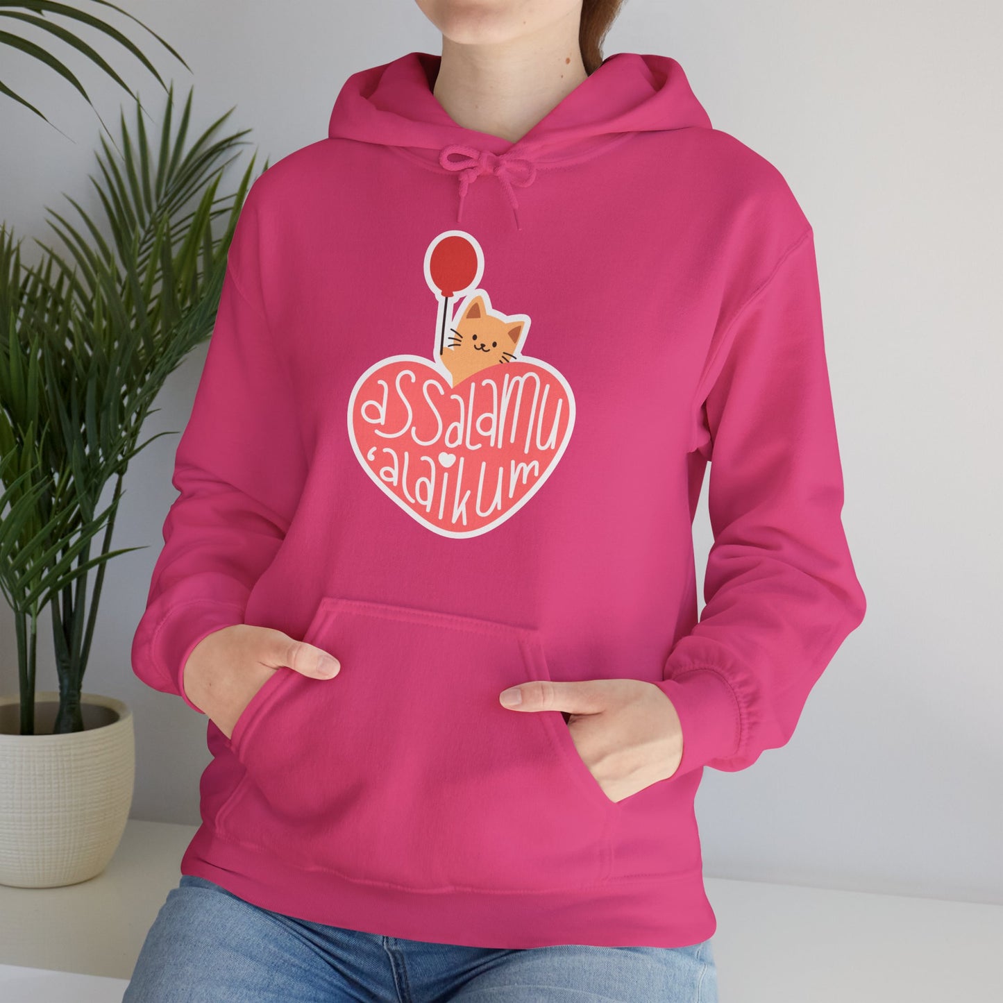 Assalamualaikum Typographic Hoodie - Cute Cat Heart Balloon Graphic Cozy Soft Cotton Unisex Hoodie