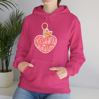 Assalamualaikum Typographic Hoodie - Cute Cat Heart Balloon Graphic Cozy Soft Cotton Unisex Hoodie
