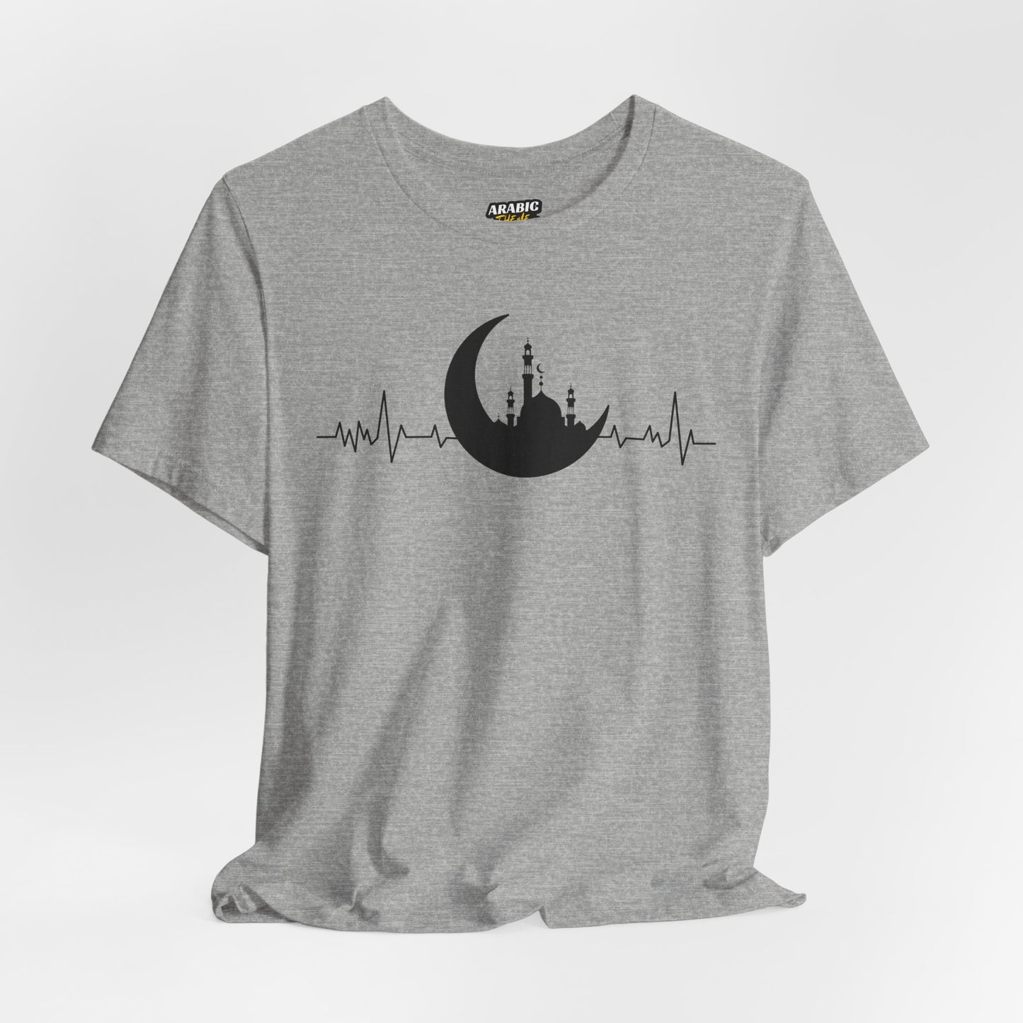 Moonlit Heartbeat Crescent Mosque Graphic Tee T-Shirt - Cozy Soft Cotton Graphic Unisex Tee