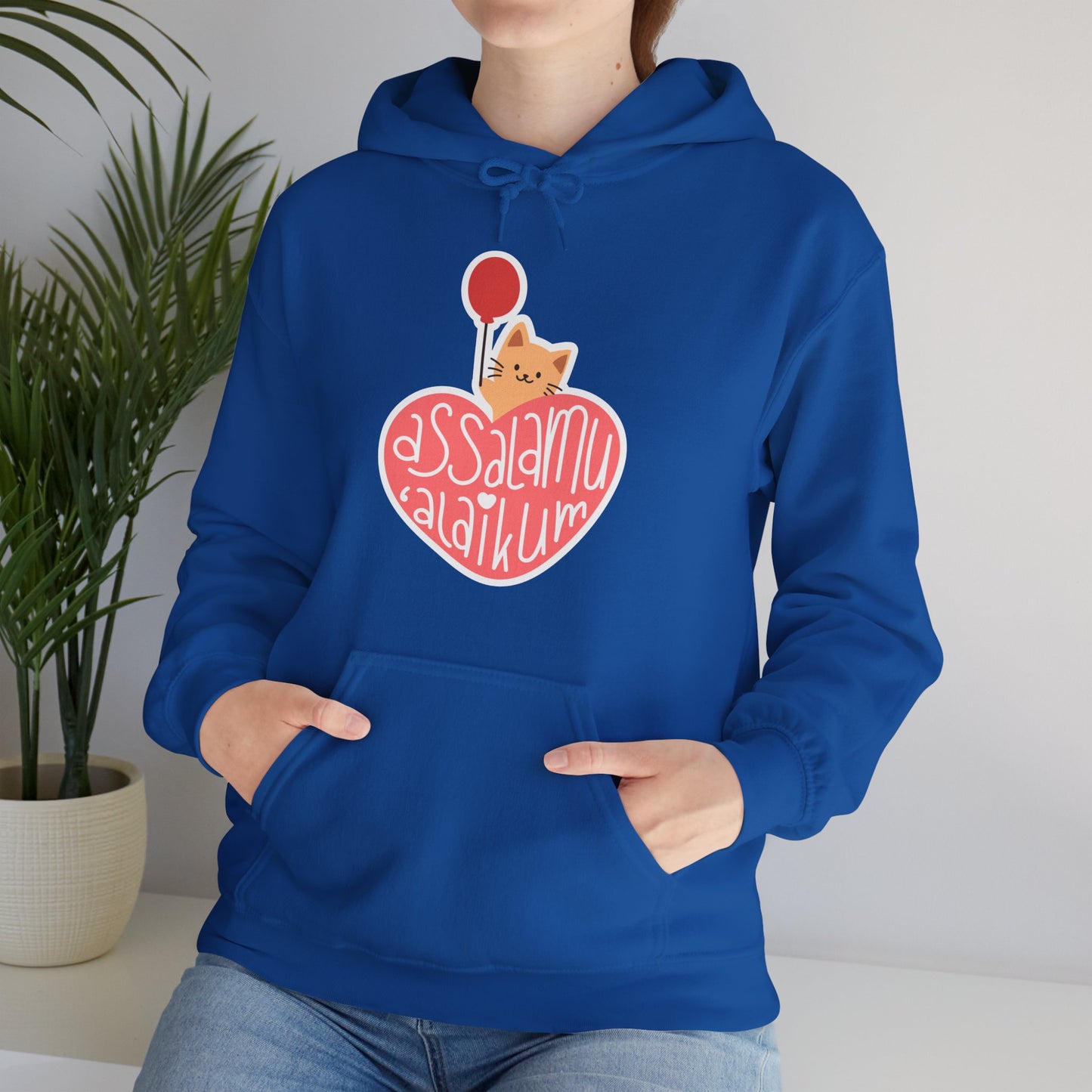 Assalamualaikum Typographic Hoodie - Cute Cat Heart Balloon Graphic Cozy Soft Cotton Unisex Hoodie