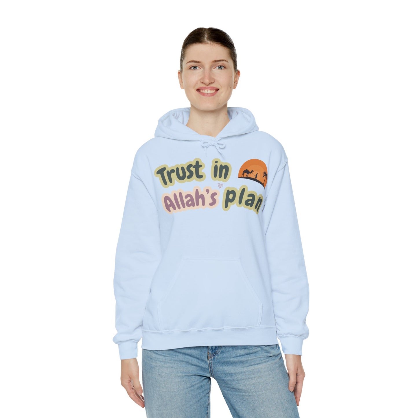 Trust in Allah's Plan Typographic Hoodie - Camel Travel in Desert Cozy Soft Cotton Unisex Hoodie