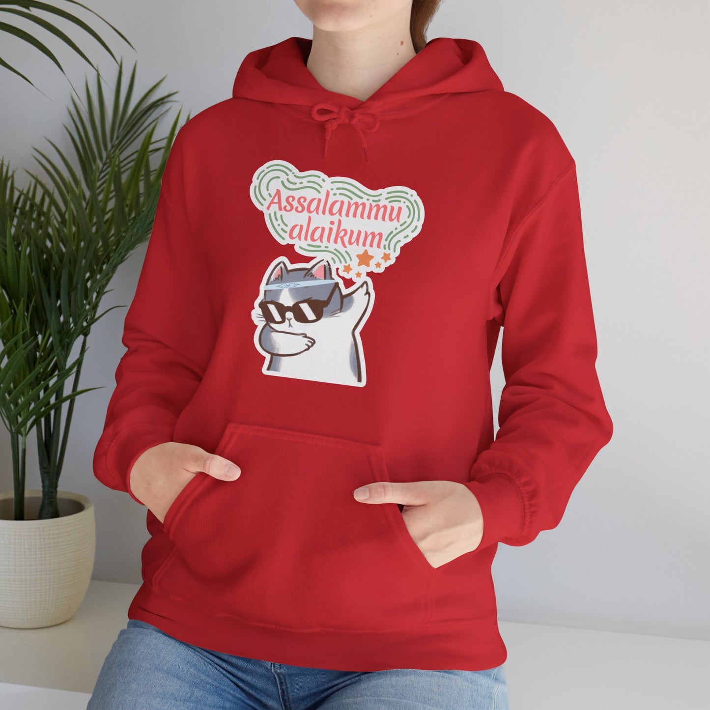 Assalamualaikum Typographic Hoodie - Cat Sunglasses Graphic Cozy Soft Cotton Unisex Hoodie