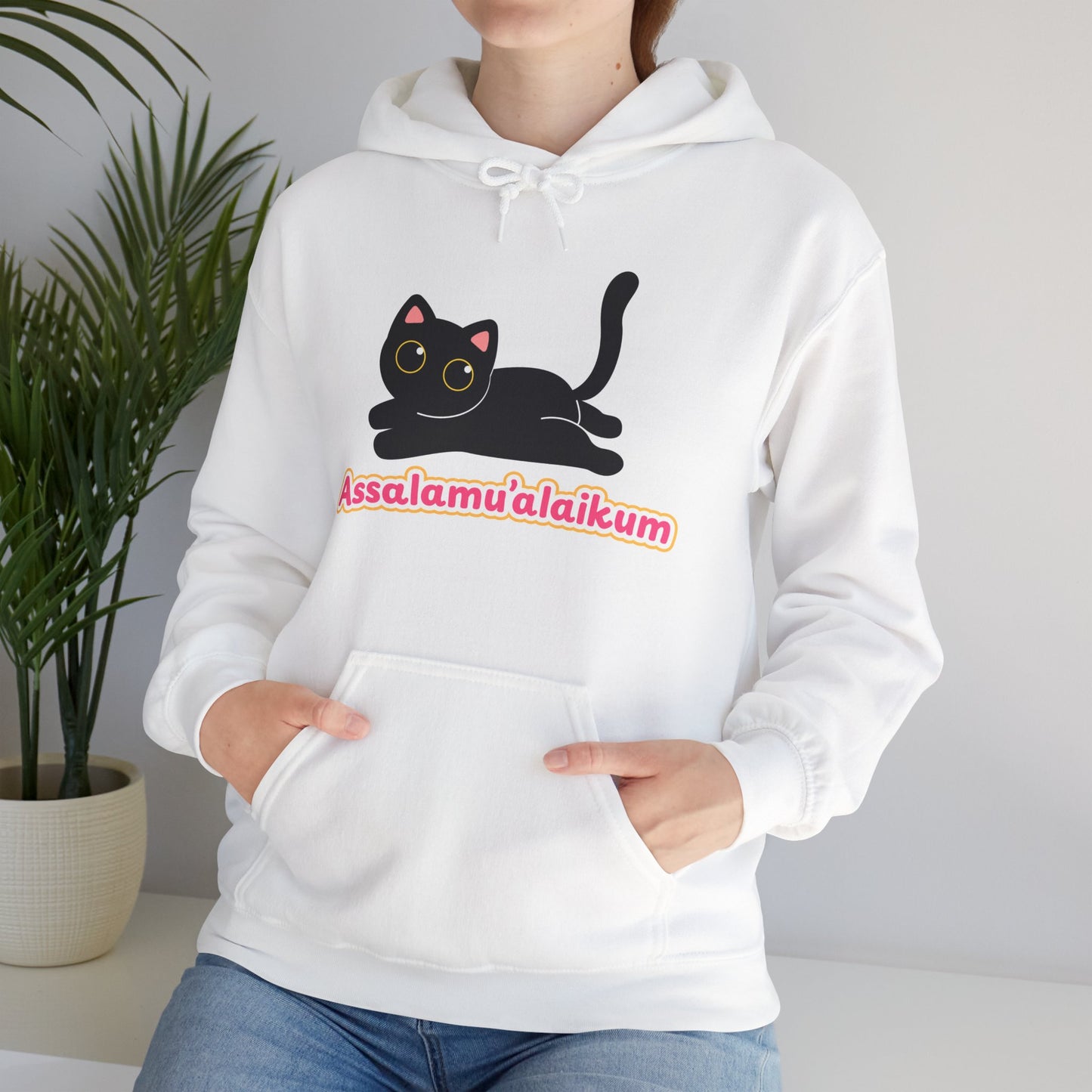 Assalamualaikum Typographic Hoodie - Cute Black Cat Graphic Cozy Soft Cotton Unisex Hoodie