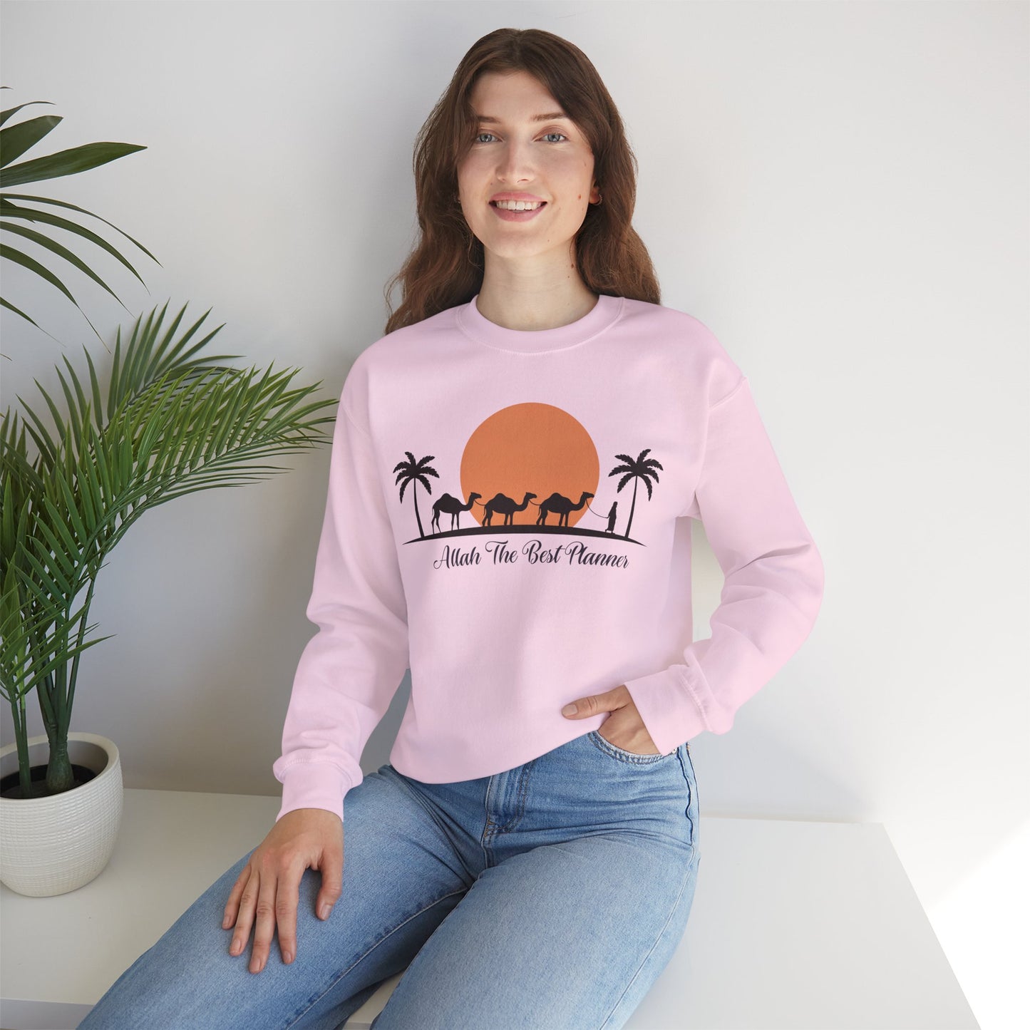 Allah Is The Best Planner Typographic Sweatshirt - Camel Travel in Desert Cozy Soft Cotton Unisex Sweatshirt