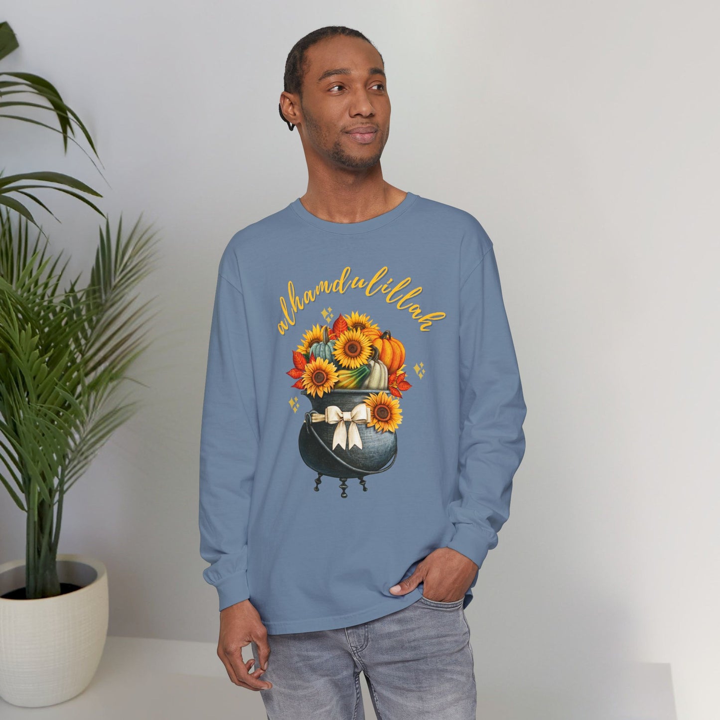 Alhamdulillah Classic Pot Floral Gratitude Graphic Long-Sleeve T-Shirt - Alhamdulillah Typography Islamic Unisex Tee