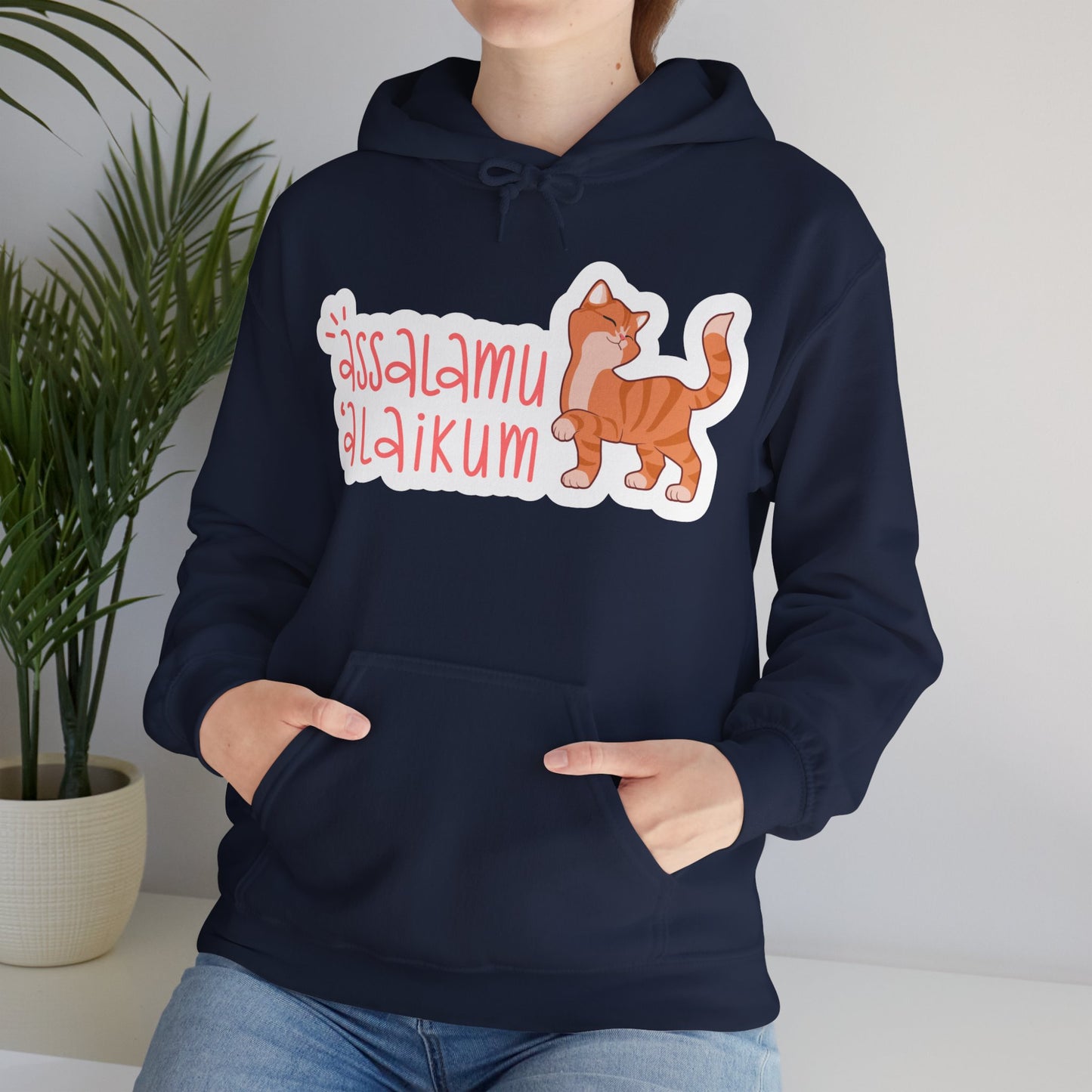 Assalamualaikum Typographic Hoodie - Cute Cat Smug Graphic Cozy Soft Cotton Unisex Hoodie