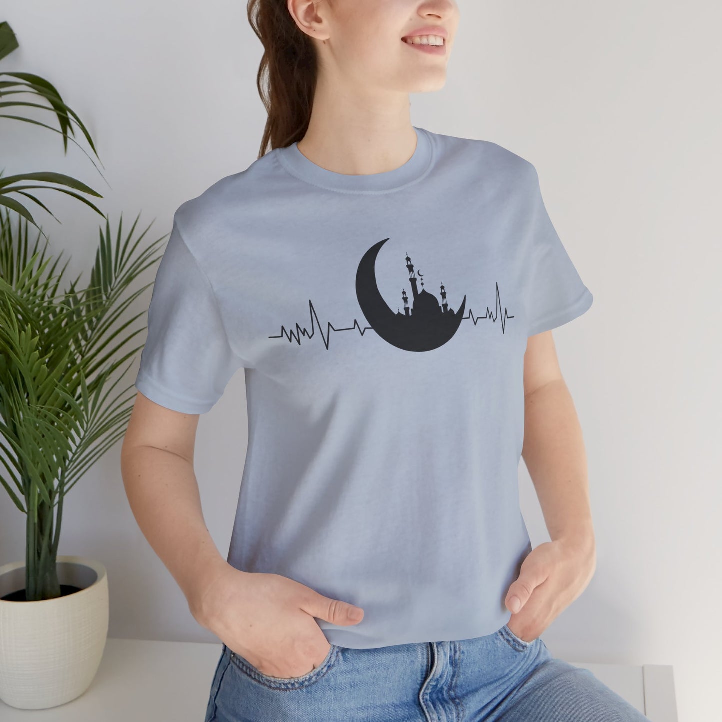 Moonlit Heartbeat Crescent Mosque Graphic Tee T-Shirt - Cozy Soft Cotton Graphic Unisex Tee
