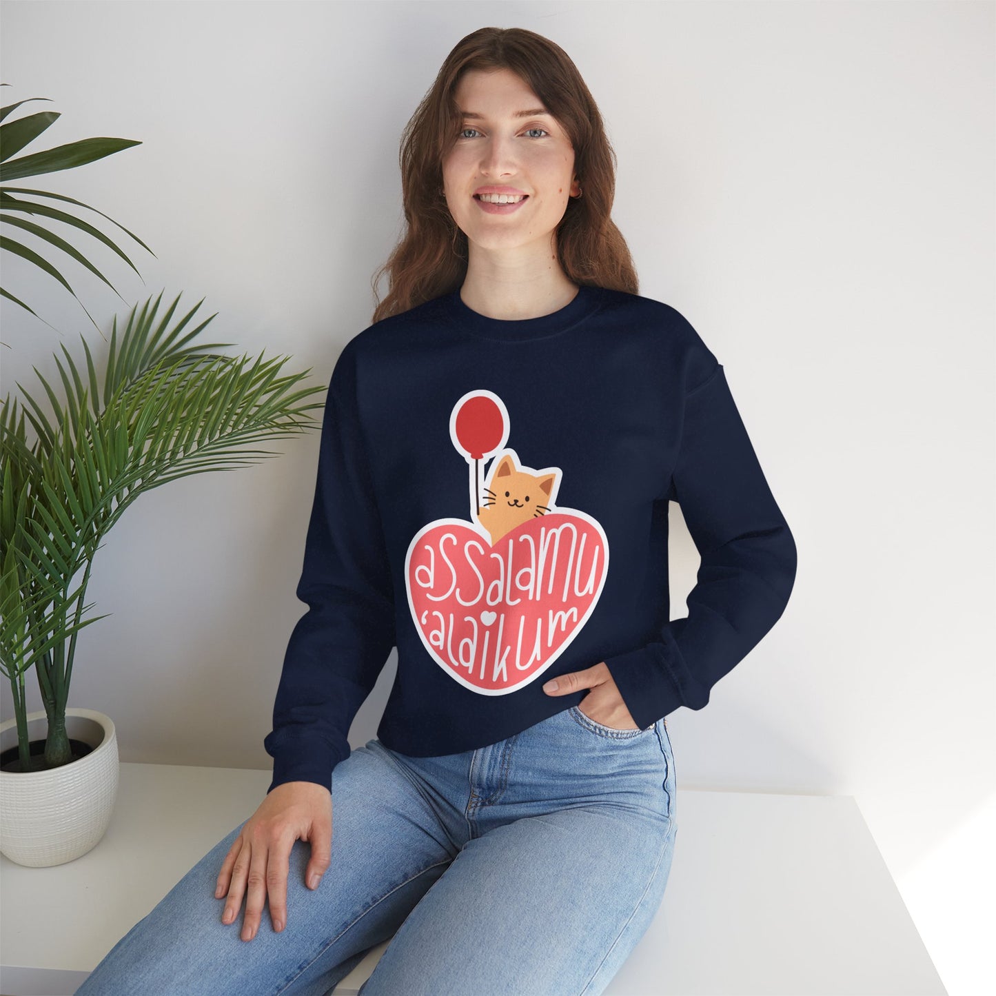 Assalamualaikum Typographic Sweatshirt - Cute Cat Heart Balloon Graphic Cozy Soft Cotton Unisex Sweatshirt