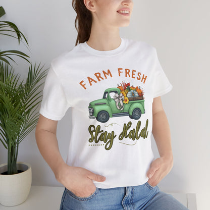 Farm Fresh Stay Halal Graphic Tee T-Shirt - Soft Cozy Cute Pumpkin Truck Graphic Unisex Tee