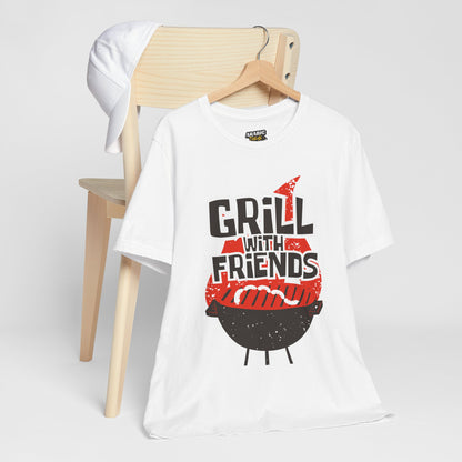 Grill with Friends Typographic Tee T-Shirt - Cozy Soft Cotton Unisex Sausage Graphic Tee T-Shirt