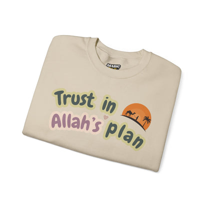 Trust in Allah's Plan Typographic Sweatshirt - Camel Travel in Desert Cozy Soft Cotton Unisex Sweatshirt
