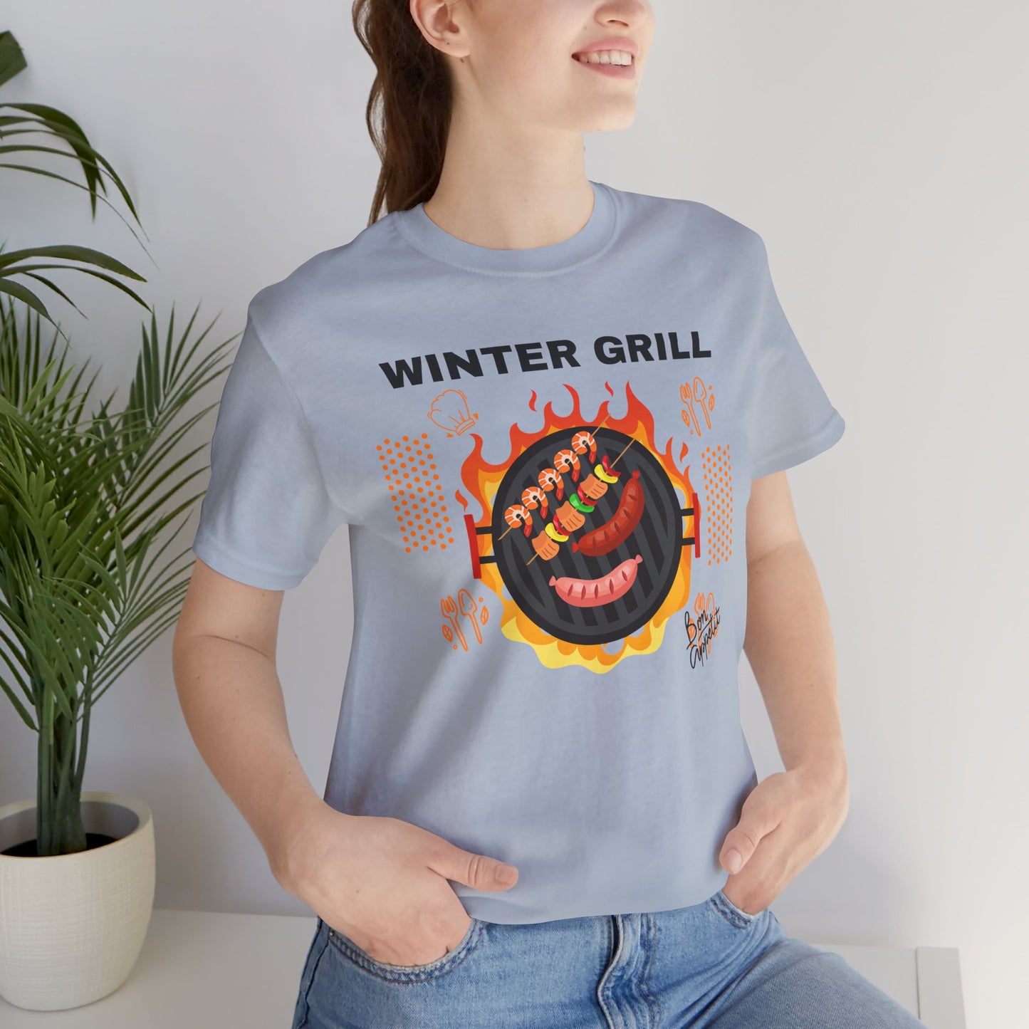 Winter Grill Typographic Tee T-Shirt - Cozy Soft Cotton Unisex Sausage Graphic Tee T-Shirt