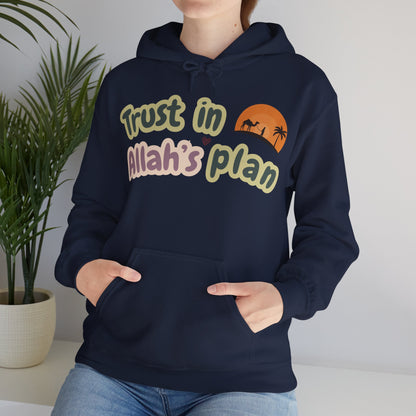Trust in Allah's Plan Typographic Hoodie - Camel Travel in Desert Cozy Soft Cotton Unisex Hoodie