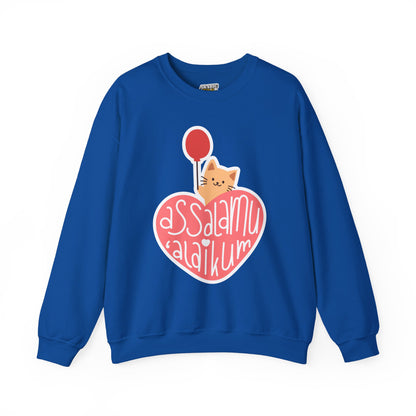 Assalamualaikum Typographic Sweatshirt - Cute Cat Heart Balloon Graphic Cozy Soft Cotton Unisex Sweatshirt