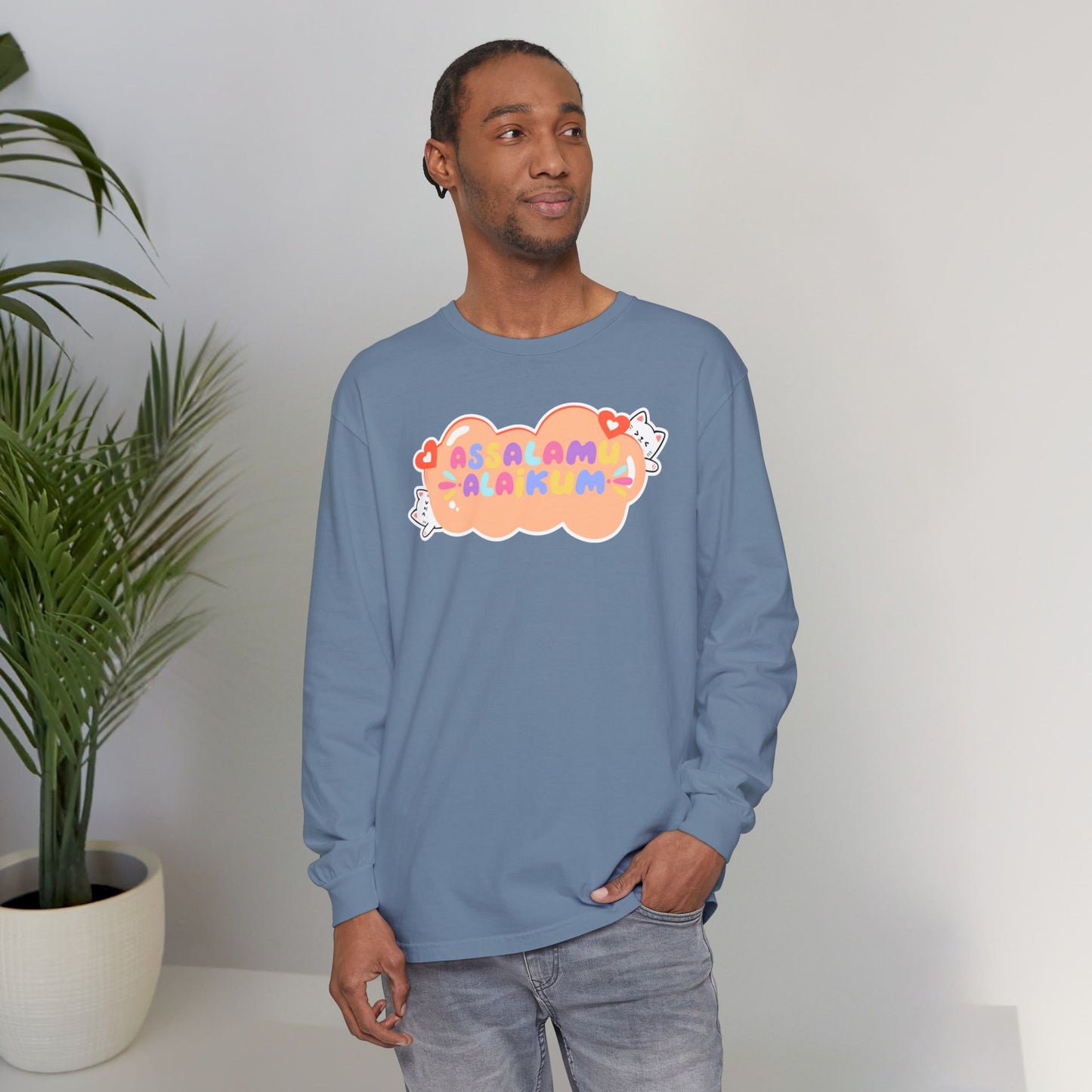 Assalamualaikum Typographic Long Sleeve Tee T-Shirt - Cute Cat Lover Graphic Cozy Soft Cotton Unisex Long Sleeve Tee