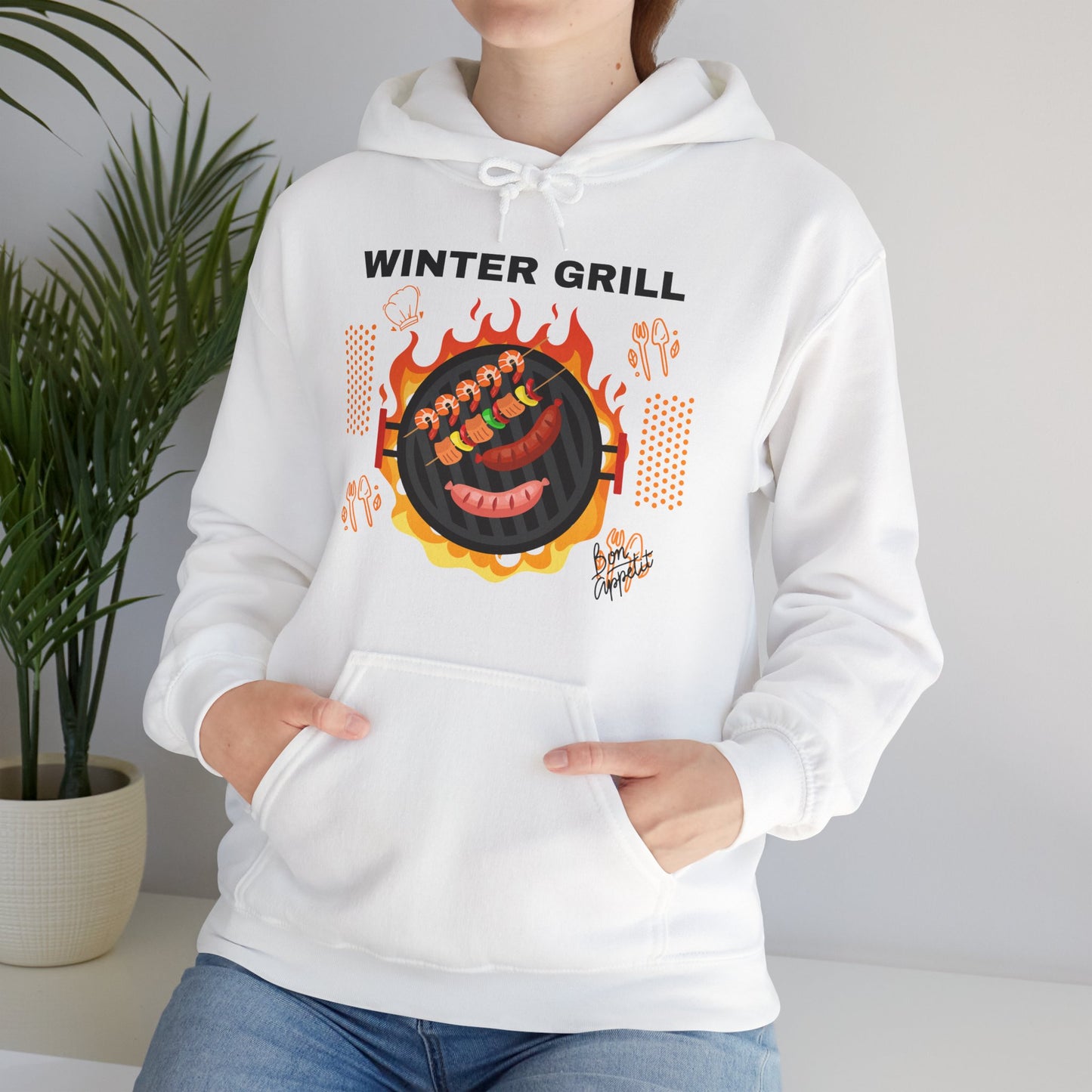 Winter Grill Typographic Hoodie - Cozy Soft Cotton Unisex Sausage Graphic Hoodie