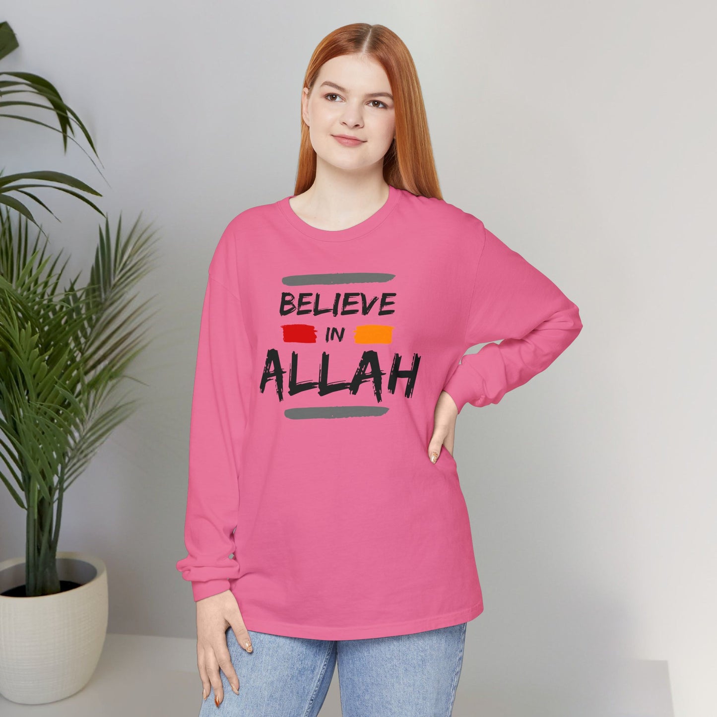 Believe in Allah Typographic Long Sleeve Tee T-Shirt - Cozy Soft Cotton Unisex Statement Long Sleeve Tee
