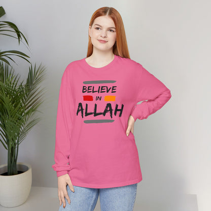 Believe in Allah Typographic Long Sleeve Tee T-Shirt - Cozy Soft Cotton Unisex Statement Long Sleeve Tee