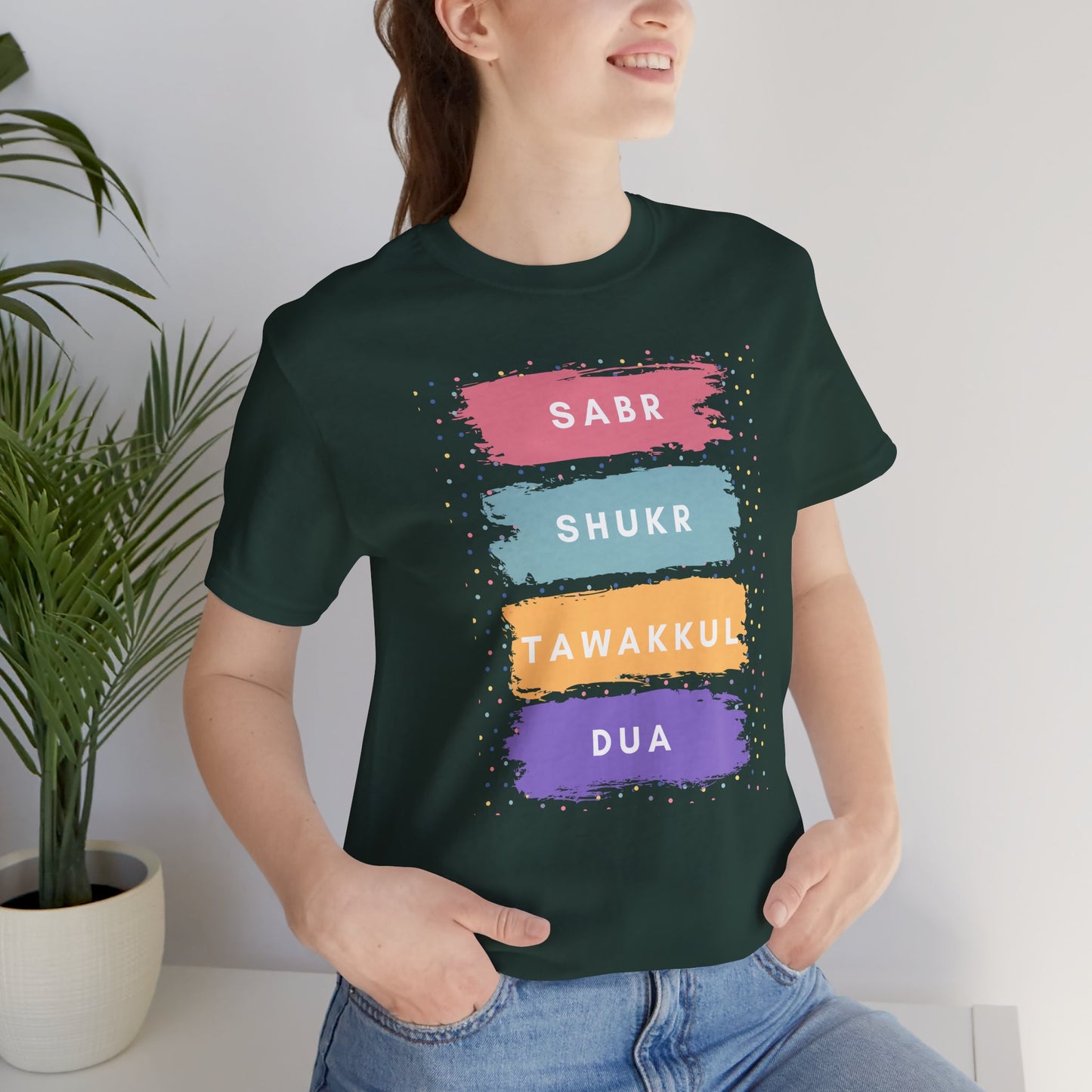 Sabr Shukr Tawakkul Dua Typographic Tee T-Shirt - Colorful Cozy Soft Cotton Unisex Tee