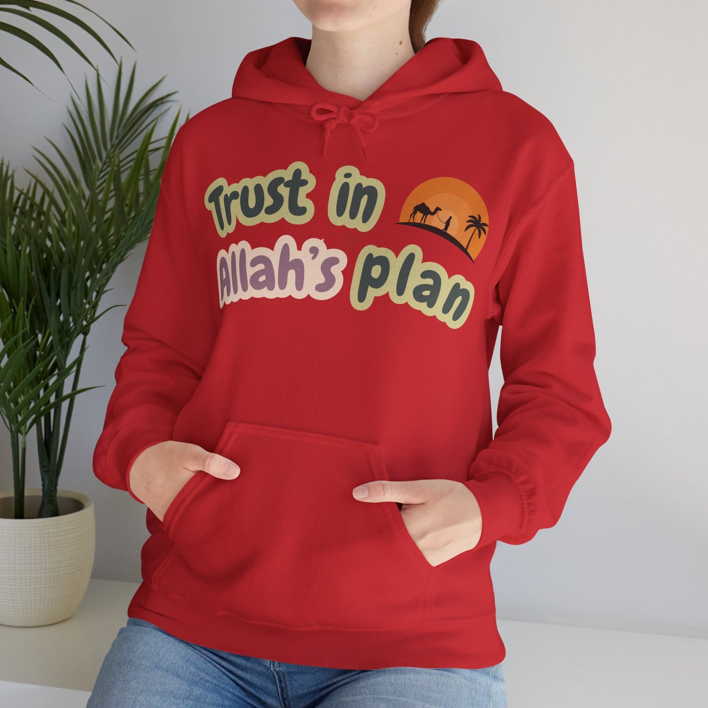 Trust in Allah's Plan Typographic Hoodie - Camel Travel in Desert Cozy Soft Cotton Unisex Hoodie