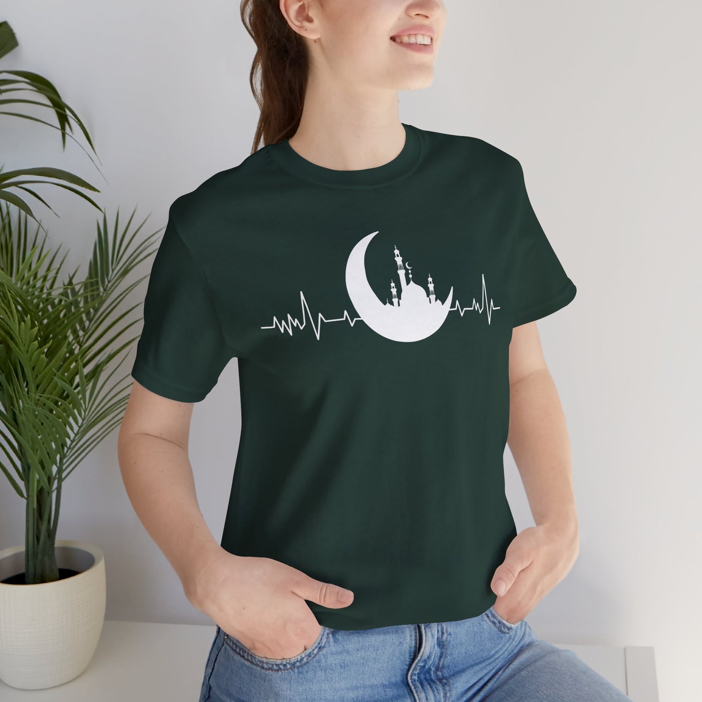 Moonlit Heartbeat Crescent Mosque Graphic Tee T-Shirt - Cozy Soft Cotton Graphic Unisex Tee