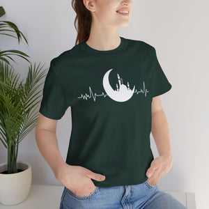 Moonlit Heartbeat Crescent Mosque Graphic Tee T-Shirt - Cozy Soft Cotton Graphic Unisex Tee