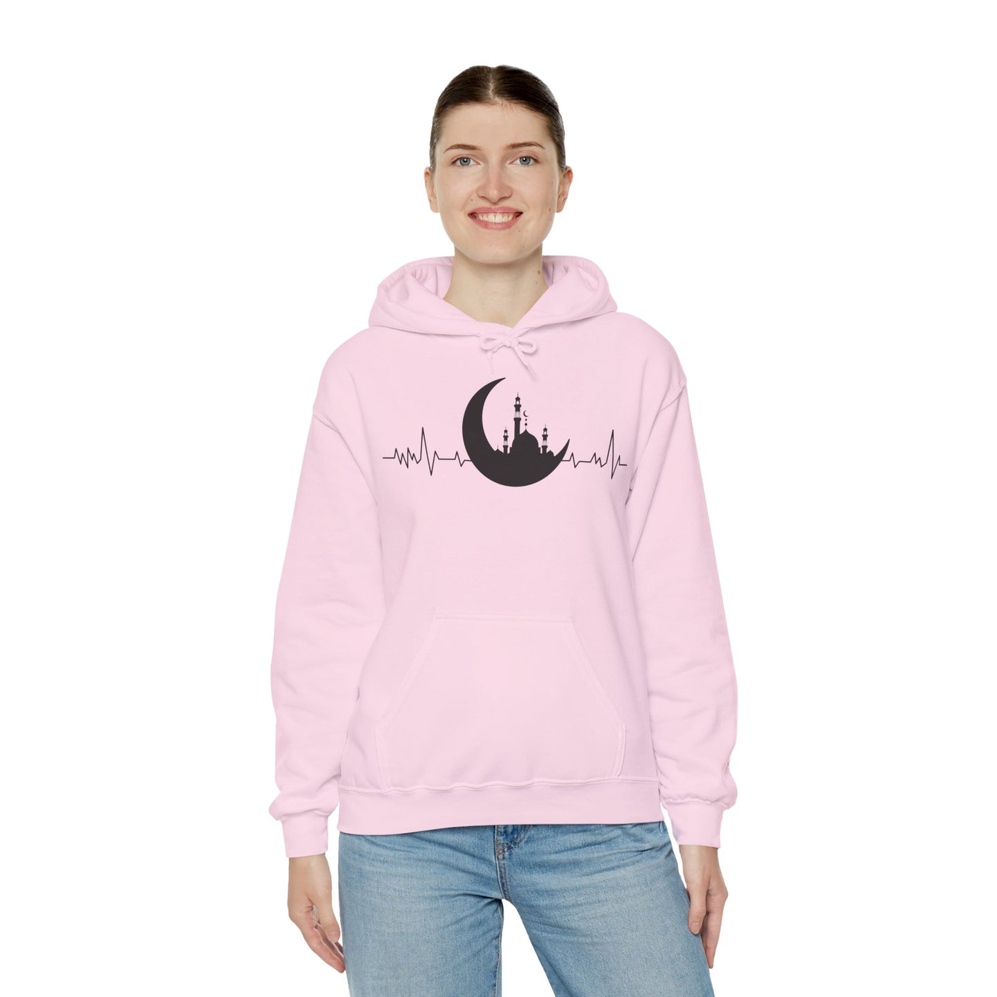 Moonlit Heartbeat Crescent Mosque Graphic Hoodie - Cozy Soft Cotton Graphic Unisex Hoodie