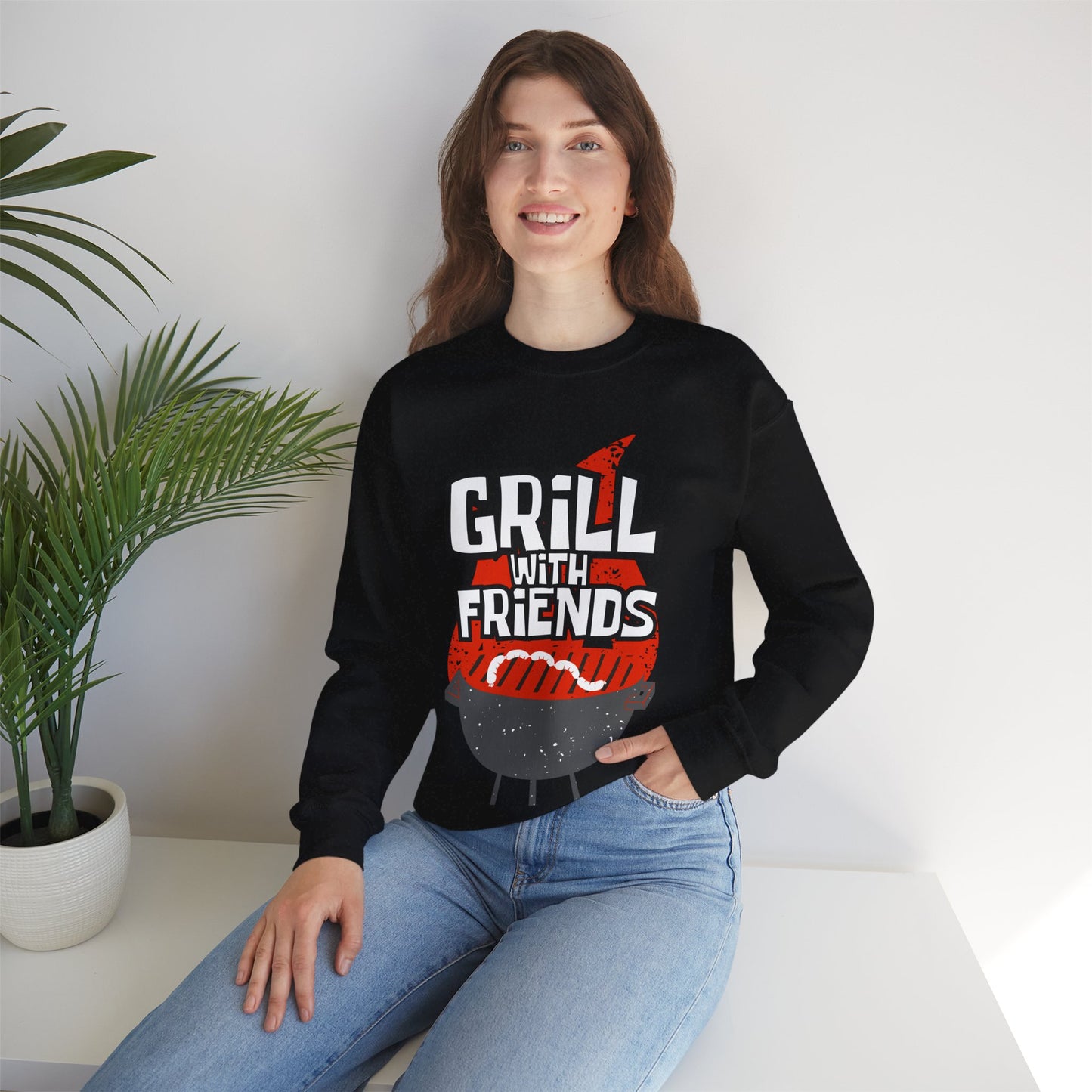 Grill with Friends Typographic Sweatshirt - Cozy Soft Cotton Unisex Sausage Graphic Sweatshirt