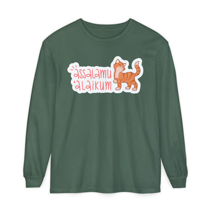 Assalamualaikum Typographic Long Sleeve Tee T-Shirt - Cute Cat Smug Graphic Cozy Soft Cotton Unisex Long Sleeve Tee