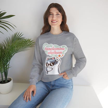 Assalamualaikum Typographic Sweatshirt - Cat Sunglasses Graphic Cozy Soft Cotton Unisex Sweatshirt
