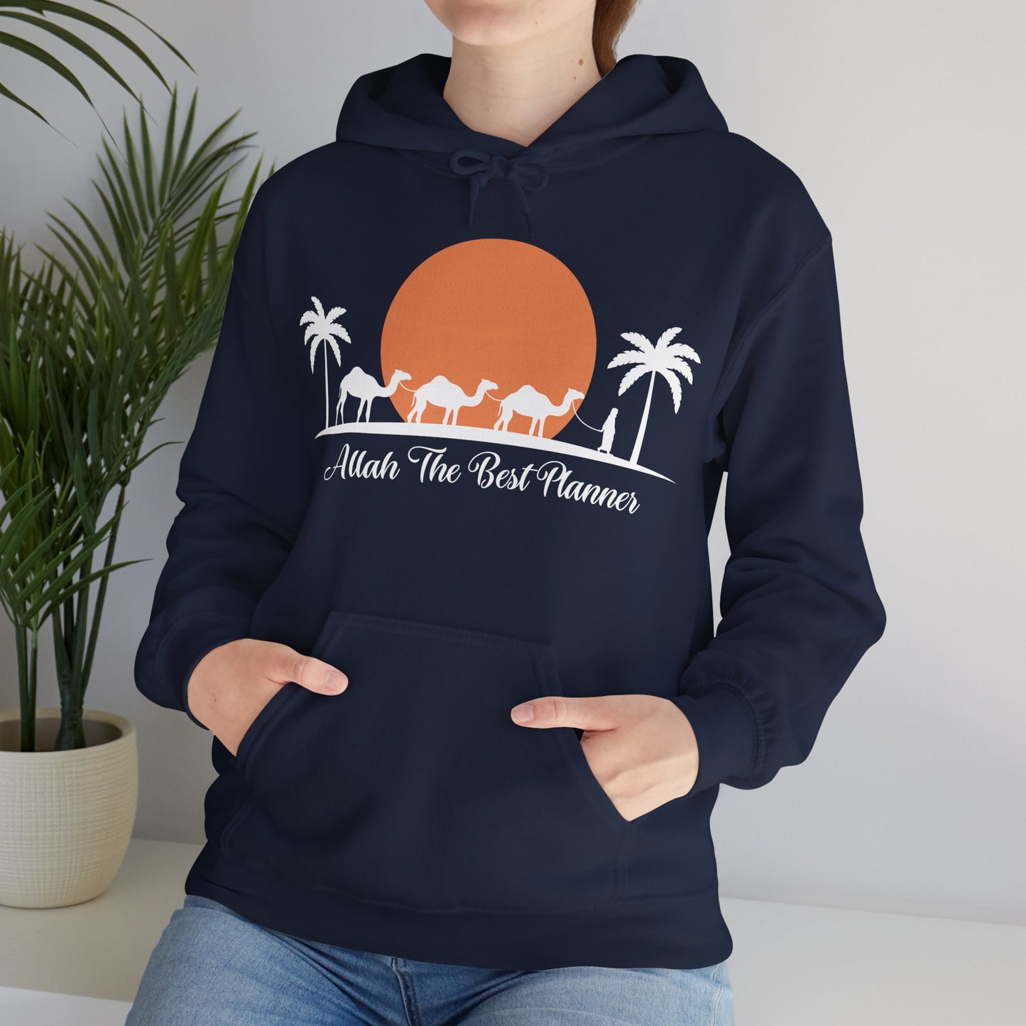 Allah Is The Best Planner Typographic Hoodie - Camel Travel in Desert Cozy Soft Cotton Unisex Hoodie