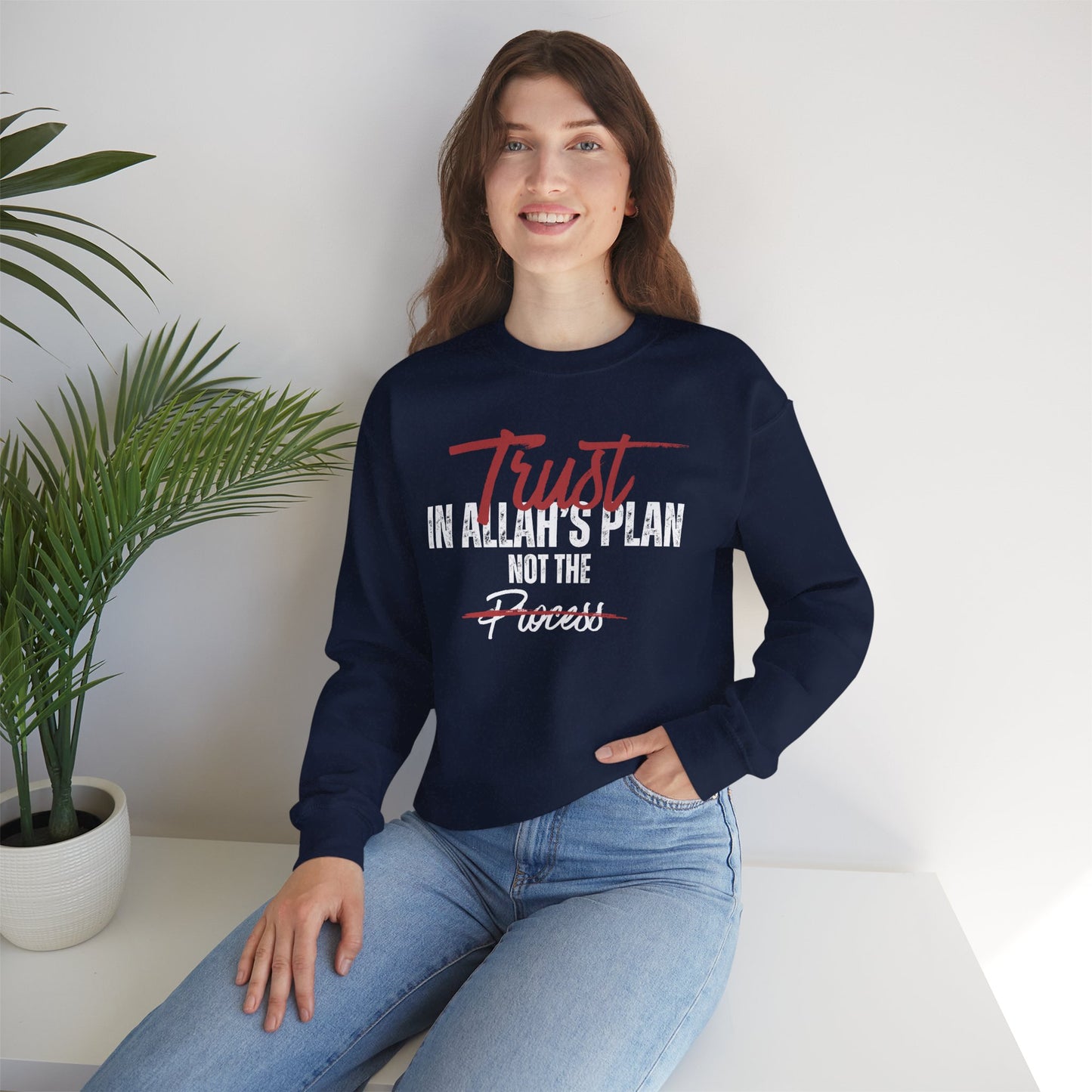 Trust in Allah's Plan Not The Process Typographic Sweatshirt - Tawakkul Cozy Soft Cotton Unisex Sweatshirt