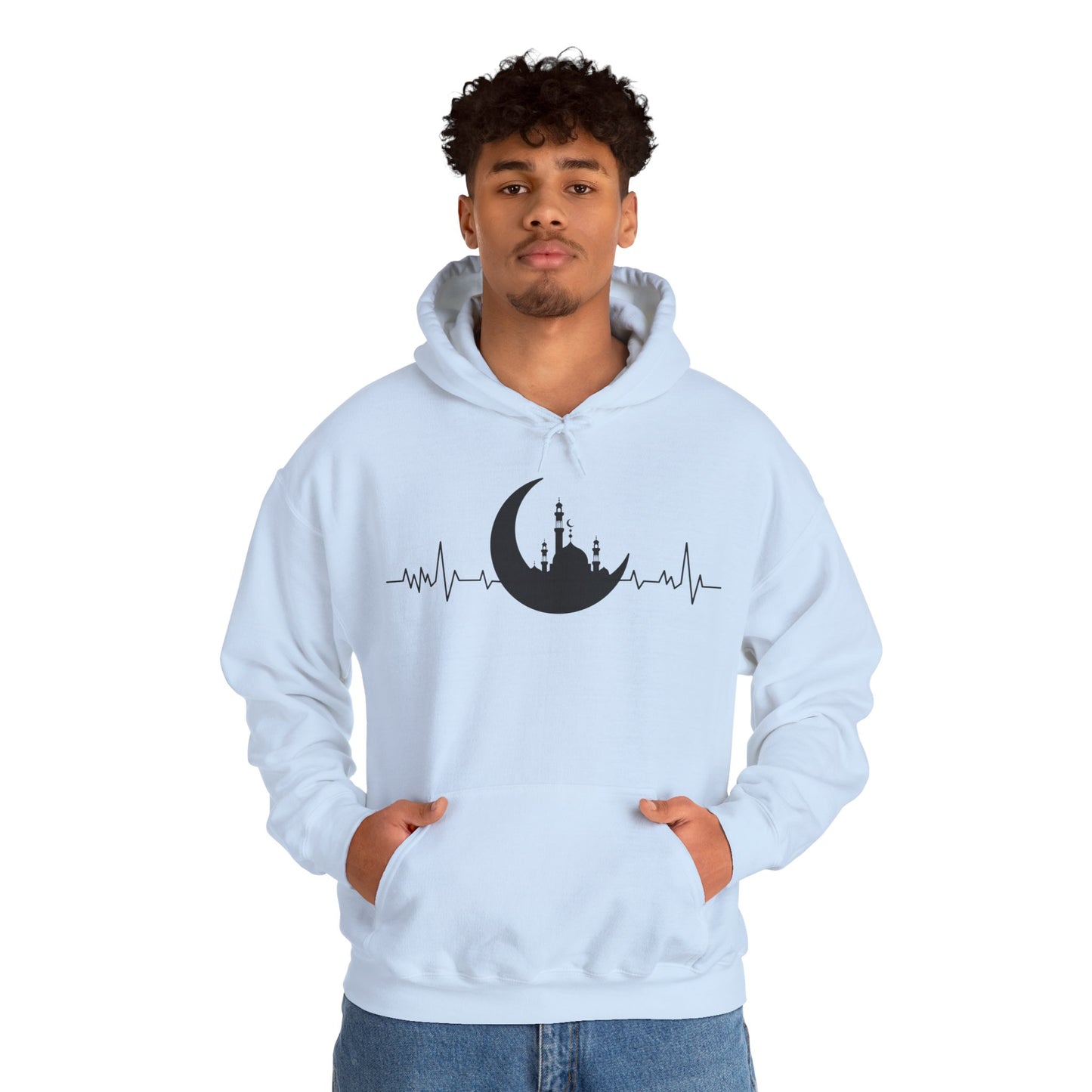 Moonlit Heartbeat Crescent Mosque Graphic Hoodie - Cozy Soft Cotton Graphic Unisex Hoodie