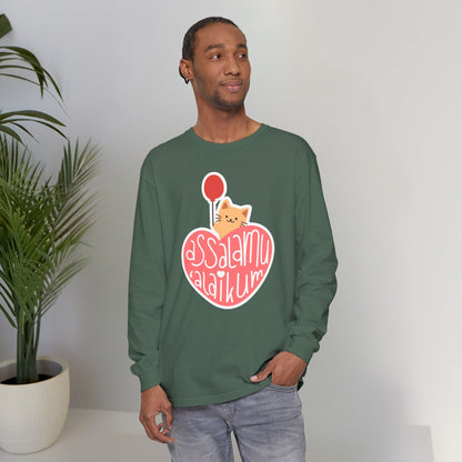 Assalamualaikum Typographic Long Sleeve Tee T-Shirt - Cute Cat Heart Balloon Graphic Cozy Soft Cotton Unisex Long Sleeve Tee