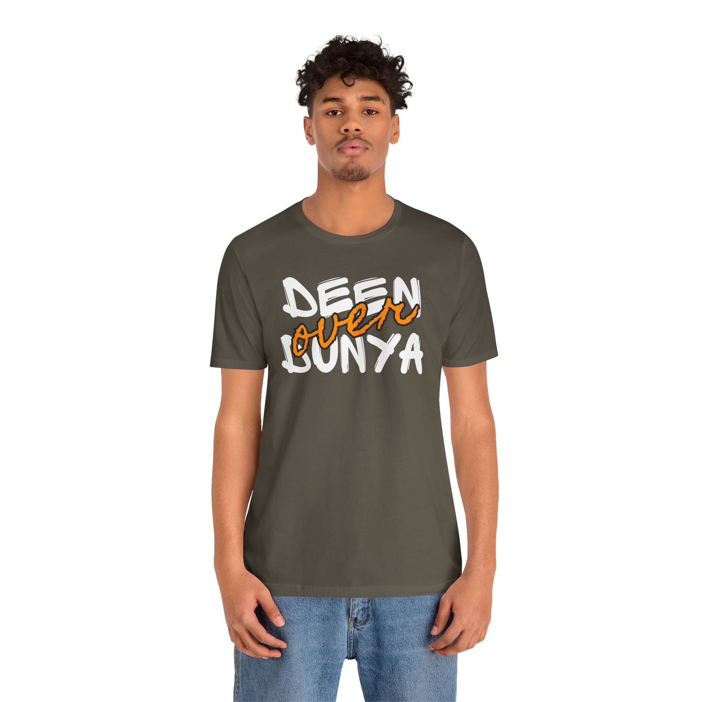 Deen Over Dunya Typographic Tee T-Shirt - Cozy Soft Cotton Unisex Statement Tee